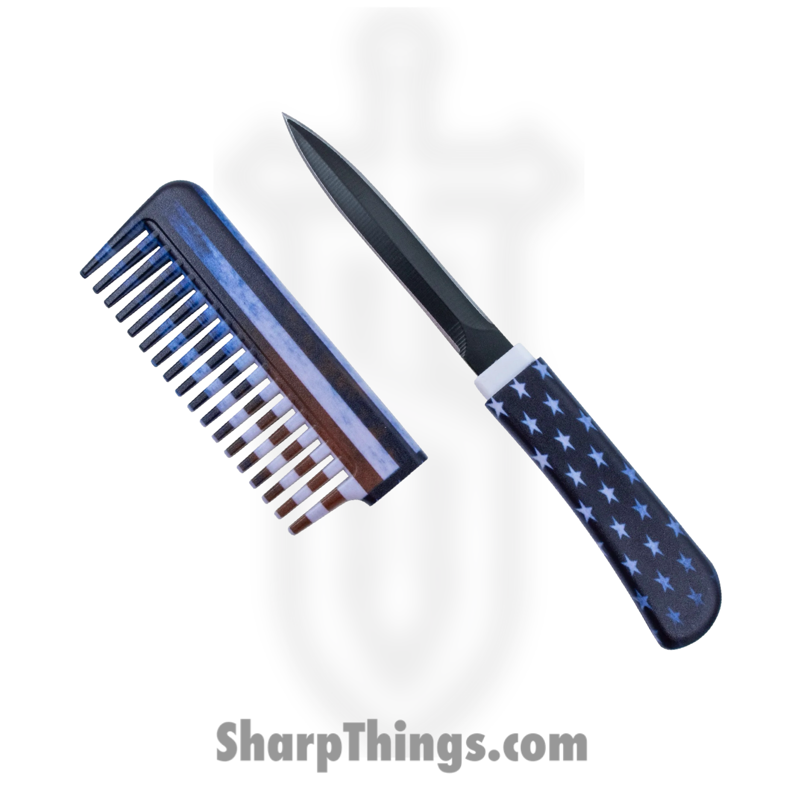 VOC - CKFLGD - CIA Agent Comb Knife - Fixed Blade Knife - Stainless Coated Dagger - American Flag - Blue