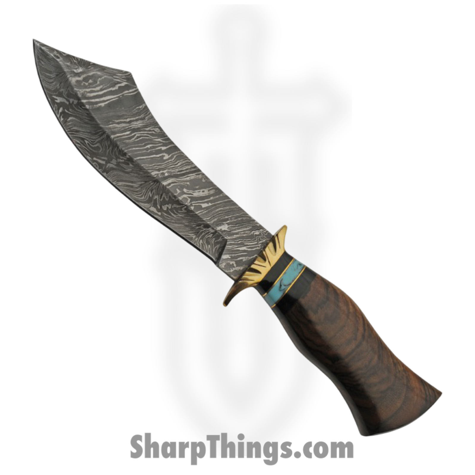 Damascus - DM1252 - Scimitar Bowie - Fixed Blade Knife - Damascus - Walnut Turquoise - Brown Blue