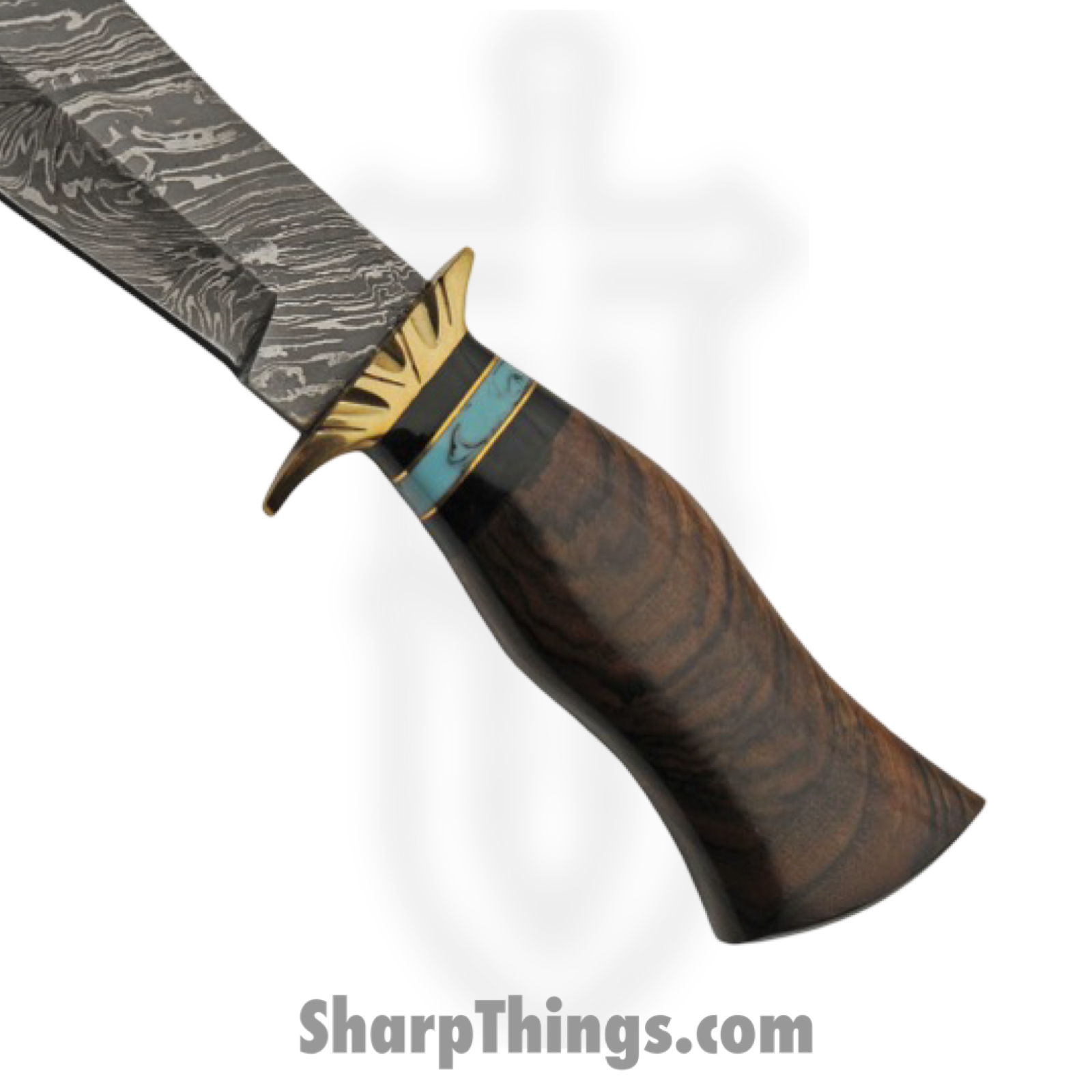 Damascus - DM1252 - Scimitar Bowie - Fixed Blade Knife - Damascus - Walnut Turquoise - Brown Blue - Image 2