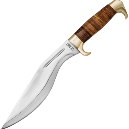 United Cutlery – UC3329 – USMC Battle of Belleau – Fixed Blade Knife – J420 SS Satin Kukri – Stacked Leather – Brown