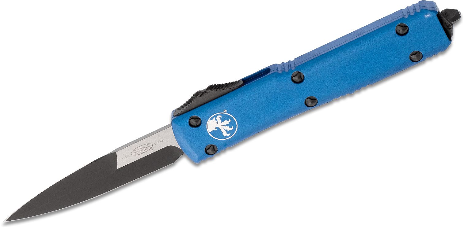 Microtech - 120-1BL - Ultratech - OTF Auto - Elmax, M390, 204P Two Tone Bayonet - 6061-T6 Aluminum - Blue - Image 5