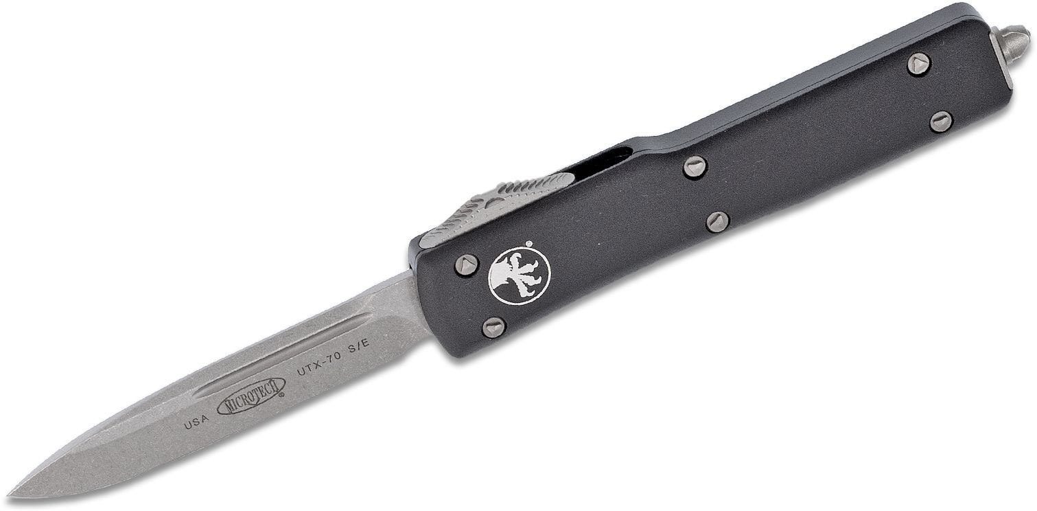 Microtech - 148-10 - UTX-70 - OTF Auto - Elmax, M390, 204P Stonewash Drop Point - 6061-T6 Aluminum - Black - Image 5
