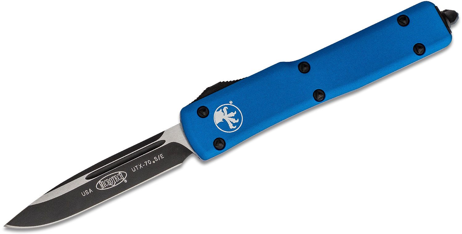 Microtech - 148-1BL - UTX-70 - OTF Auto - Elmax, M390, 204P Two Tone Drop Point - 6061-T6 Aluminum - Blue - Image 5