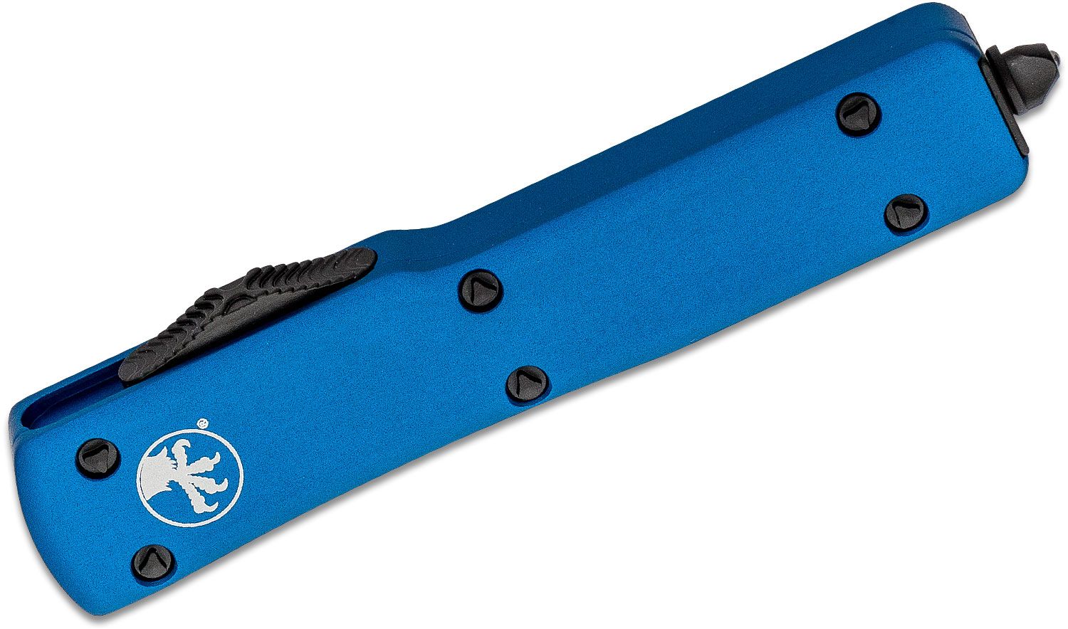 Microtech - 148-1BL - UTX-70 - OTF Auto - Elmax, M390, 204P Two Tone Drop Point - 6061-T6 Aluminum - Blue - Image 6