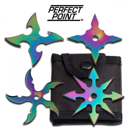 Perfect Point – RC-107-4R – 2.5 inch – 4/PC Throwing Star Set – Stainless Steel – Rainbow