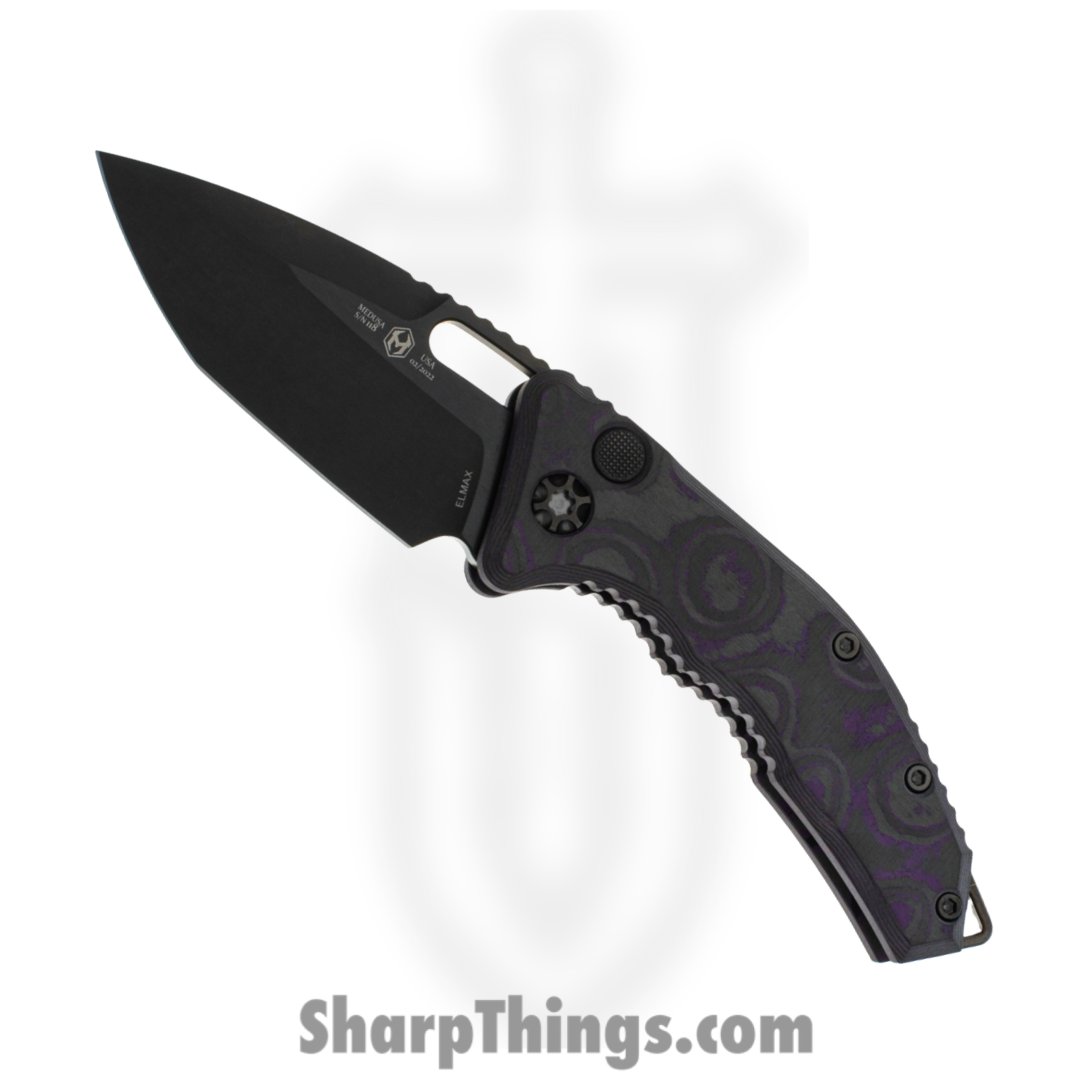 Heretic Knives - H011-6A-PUCF - Medusa - Automatic Knife - Elmax Coated Tanto - Carbon Fiber - Purple/Black