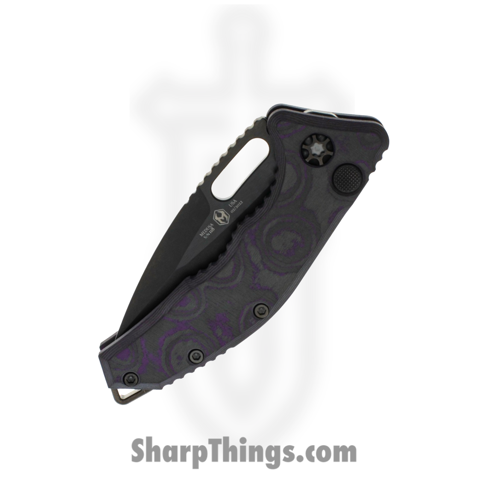Heretic Knives - H011-6A-PUCF - Medusa - Automatic Knife - Elmax Coated Tanto - Carbon Fiber - Purple/Black - Image 4
