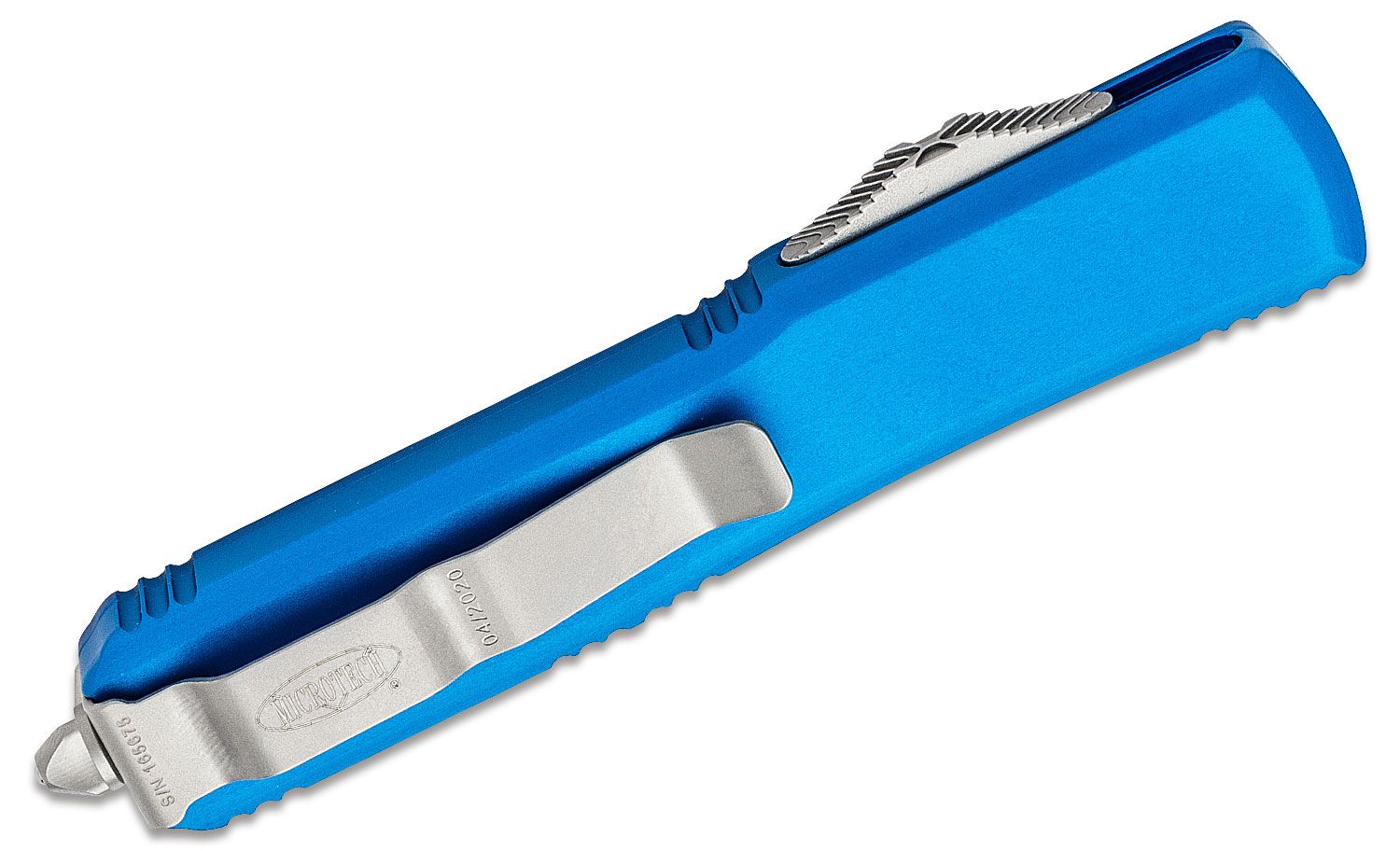 Microtech - 120-10BL - Ultratech - OTF Auto - Elmax, M390, 204P Stonewash Bayonet - 6061-T6 Aluminum - Blue - Image 8