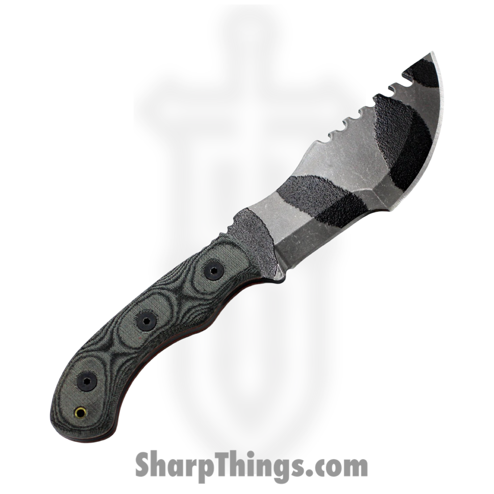 Tops - TPTBT040CAMO - Mini Tom Tracker - Fixed Blade Knife - 1095 HC Coated Sawback - Micarta - Black - Image 2