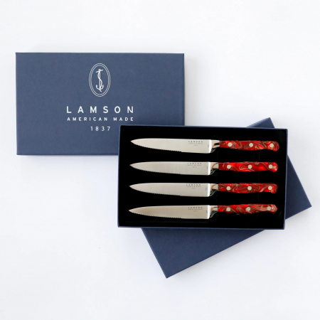 Lamson – 59968 – 4-Piece 5″ Premier Forged Serrated Steak Knife Set – 4116 Polished  – Acrylic – Fire