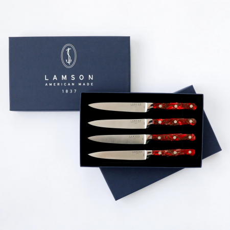Lamson – 59992 – 4-Piece 5″ Premier Forged Fine Edge Steak Knives Set – 4116 Polished  – Acrylic – Fire