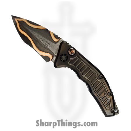 Heretic Knives – CusMed1 – Custom Medusa – Automatic Knife – HG Baker Forge Damascus Damascus Recurve – Titanium/Frag – Black