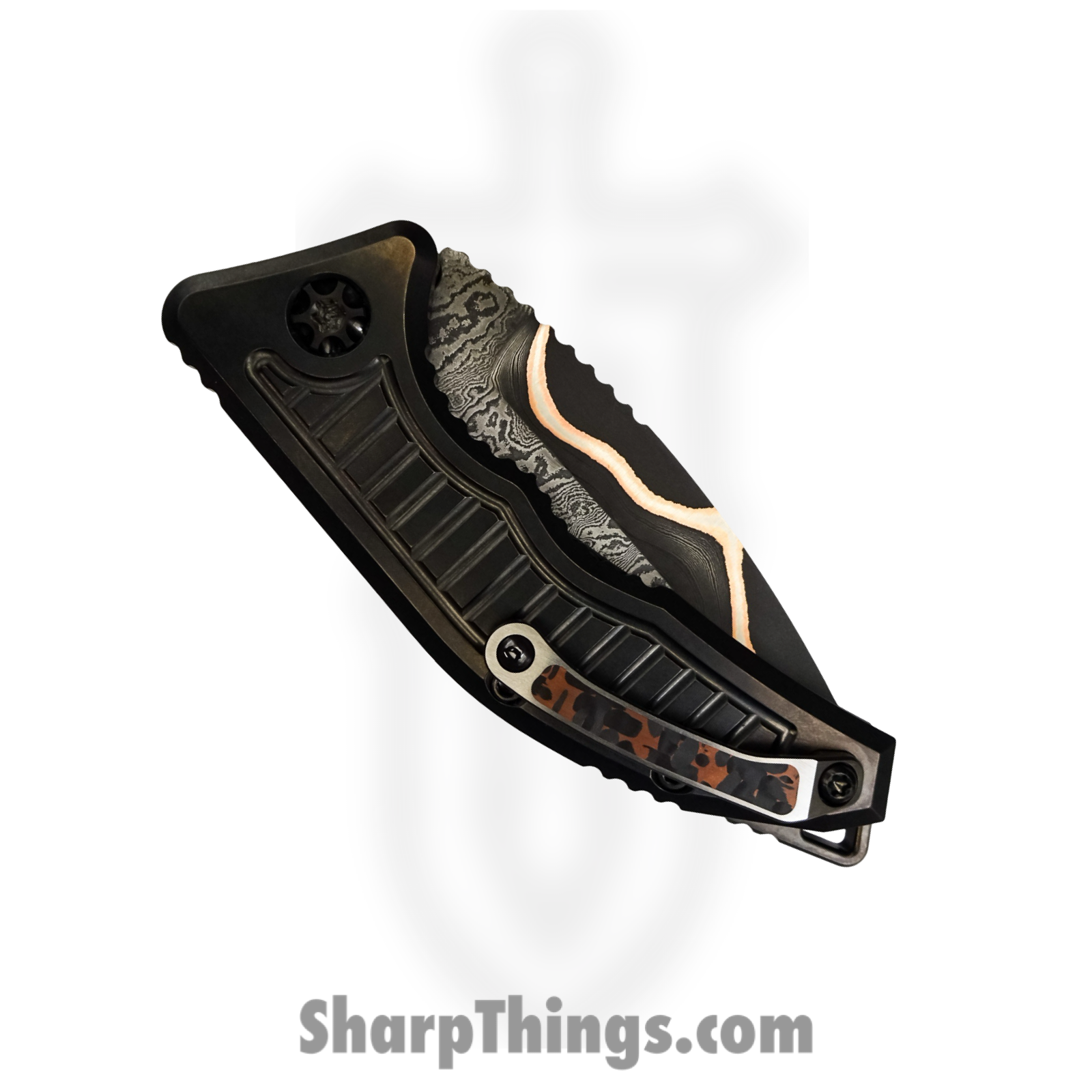 Heretic Knives - CusMed2 - Custom Medusa - Automatic Knife - HG Baker Forge Damascus Damascus Tanto - Titanium/Frag - Black - Image 5