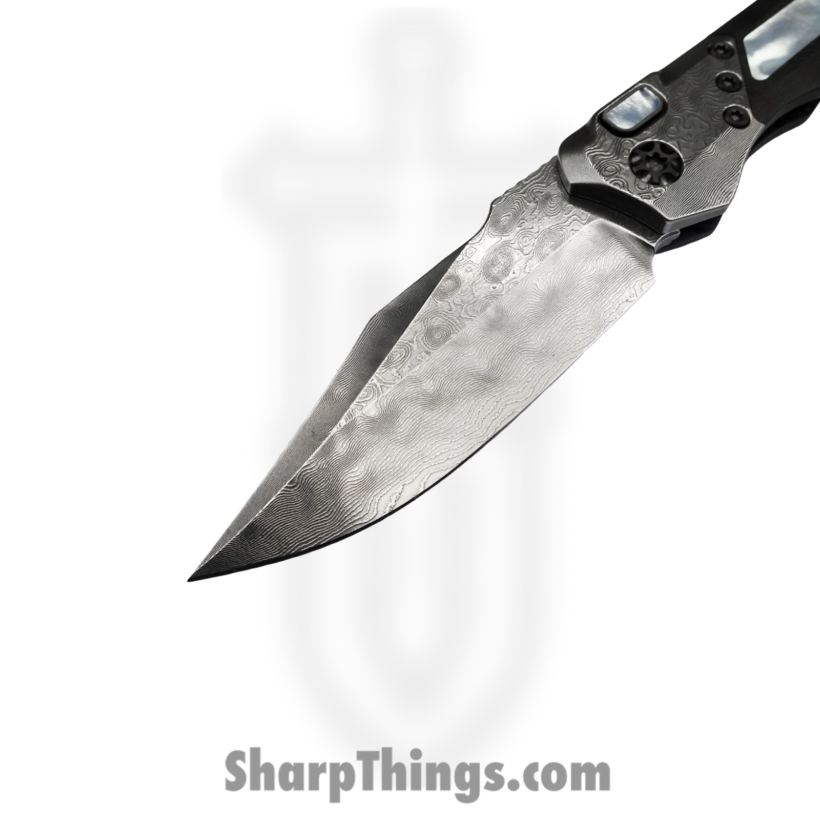 Heretic Knives - CusWraithMOP - Custom Wraith - Automatic Knife - Vegas Forge Damascus Bowie - Black Dunes/MOP Inlay - Black - Image 3