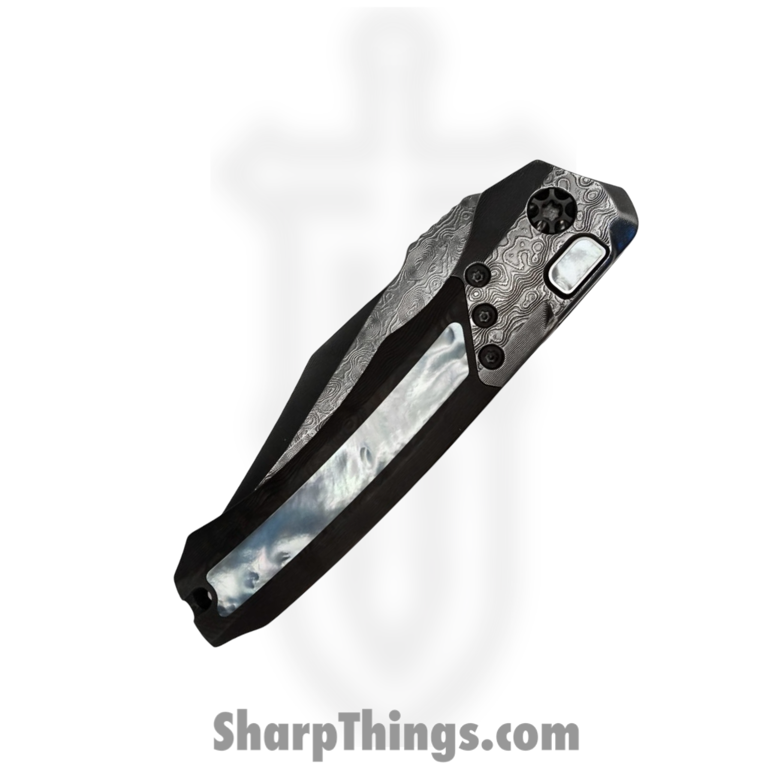 Heretic Knives - CusWraithMOP - Custom Wraith - Automatic Knife - Vegas Forge Damascus Bowie - Black Dunes/MOP Inlay - Black - Image 4