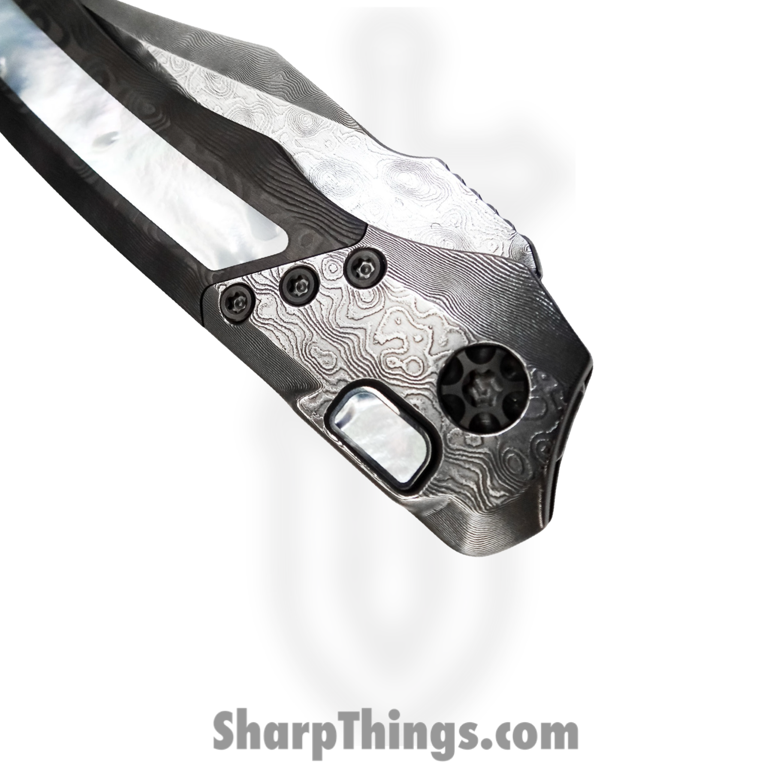 Heretic Knives - CusWraithMOP - Custom Wraith - Automatic Knife - Vegas Forge Damascus Bowie - Black Dunes/MOP Inlay - Black - Image 6