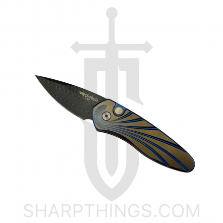 ProTech – 2951-H – Sprint Titanium Custom Auto Folder Knife – Vegas Herringbone Damascus – Titanium/Blue