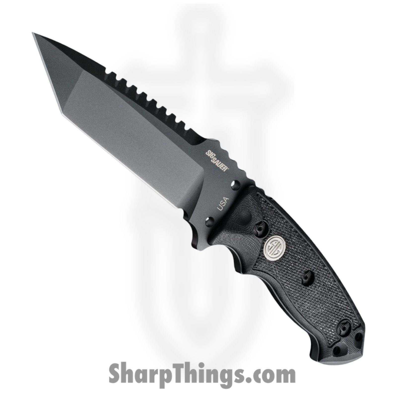 Hogue Knives - 37122 - SIG EX-F01 - Fixed Blade Knife - A2 Tool Steel Coated Tanto with Broad Rear Saw Teeth - G10 - Black