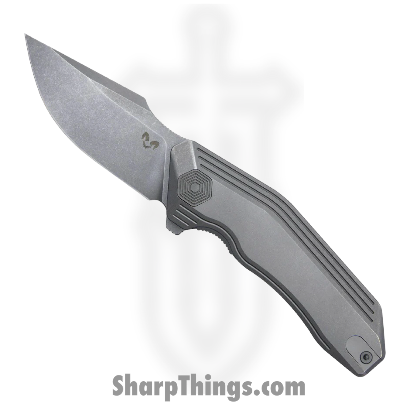 Damned Designs - DMN001TSW - Basilisk - Folding Knife - 14C28N Stonewash Drop Point - Titanium - Grey