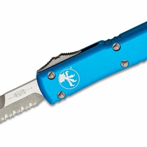 Microtech – 120-11APBL – Ultratech – OTF Auto – Elmax, M390, 204P Two Tone Bayonet – 6061-T6 Aluminum – Blue