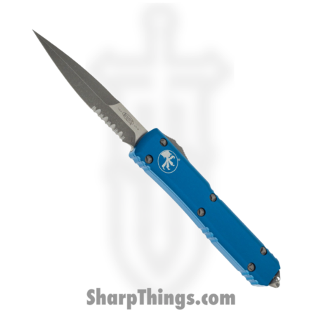 Microtech – 120-11APBL – Ultratech – OTF Auto – Elmax, M390, 204P Two Tone Bayonet – 6061-T6 Aluminum – Blue