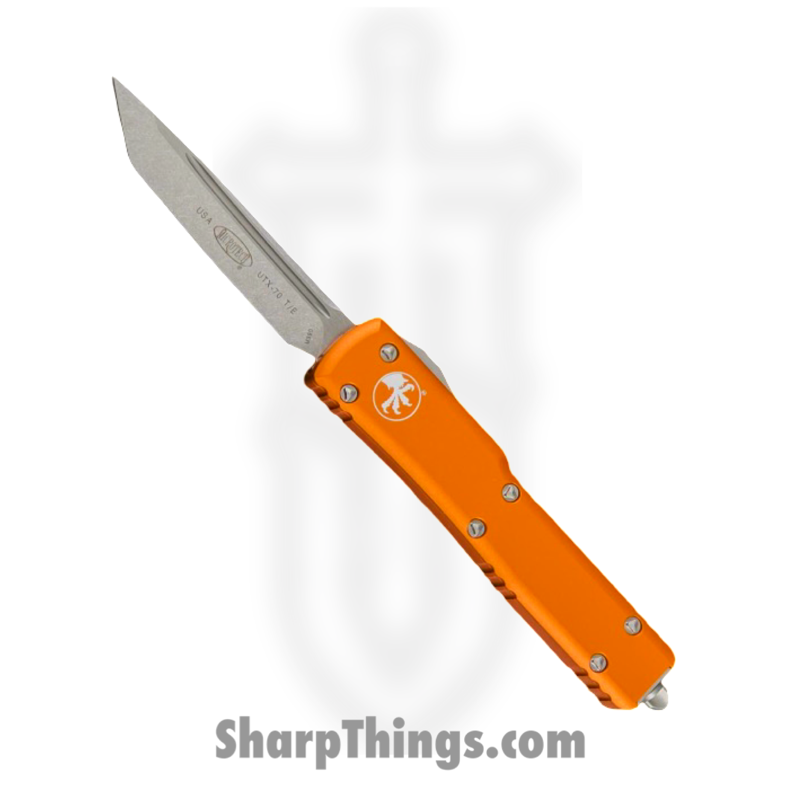 Microtech - 149-10OR - UTX-70 - OTF Auto - Elmax, M390, 204P Stonewash Tanto - 6061-T6 Aluminum - Orange
