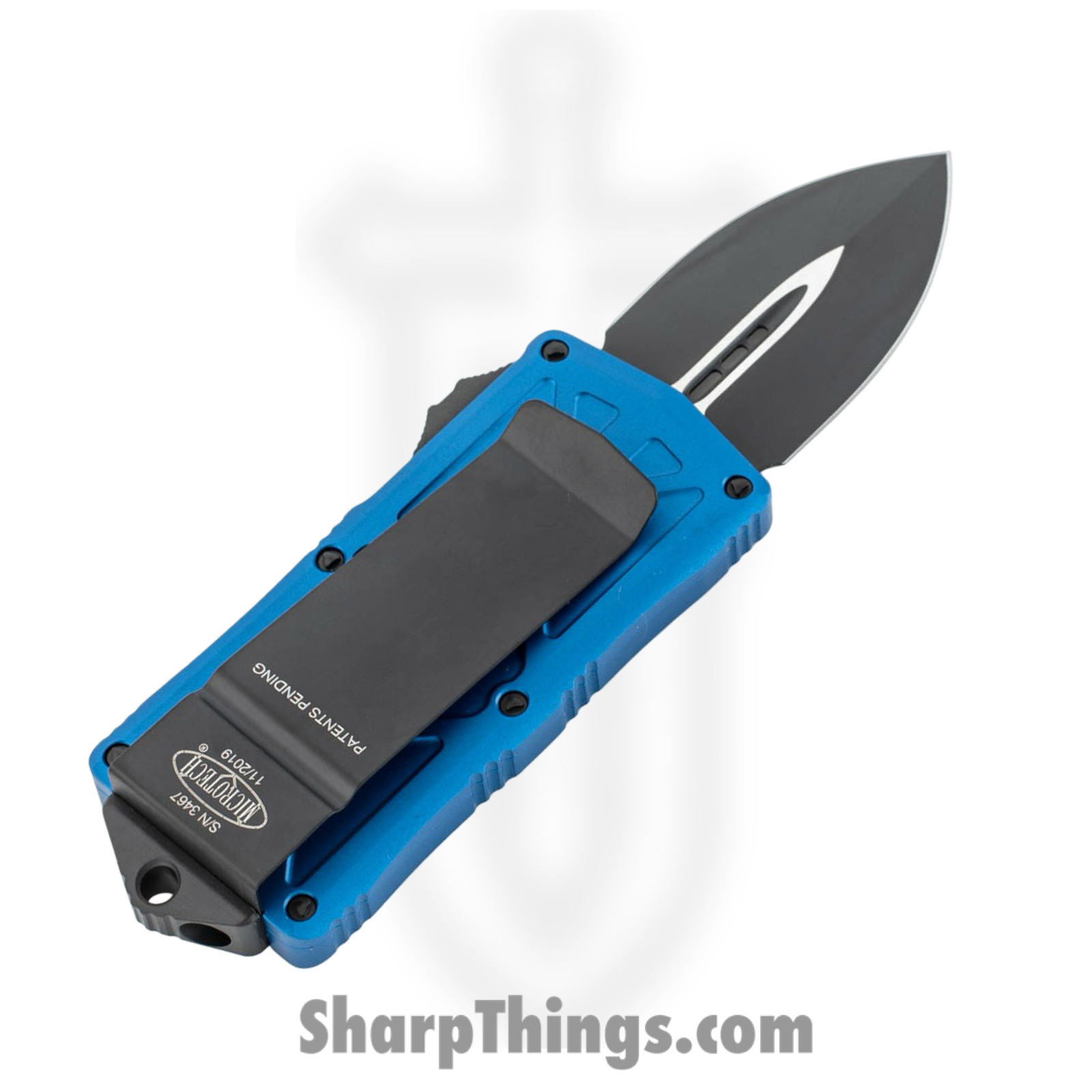 Microtech - 157-1BL - Exocet - OTF Auto - Elmax, M390, 204P Coated Dagger - 6061-T6 Aluminum - Blue - Image 2