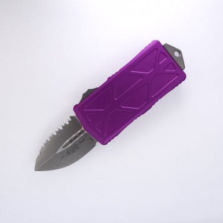 Microtech – 157-12VI – Exocet OTF Automatic D/E Knife – Stonewash Full Serrated – Violet