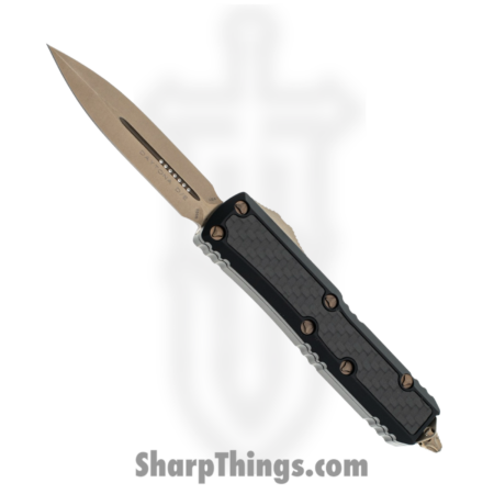 Microtech – 126-13CFIS – Daytona – OTF Auto – Elmax, M390, 204P Bronze Stonewash Dagger – 6061-T6 Aluminum/CF Inlay – Black