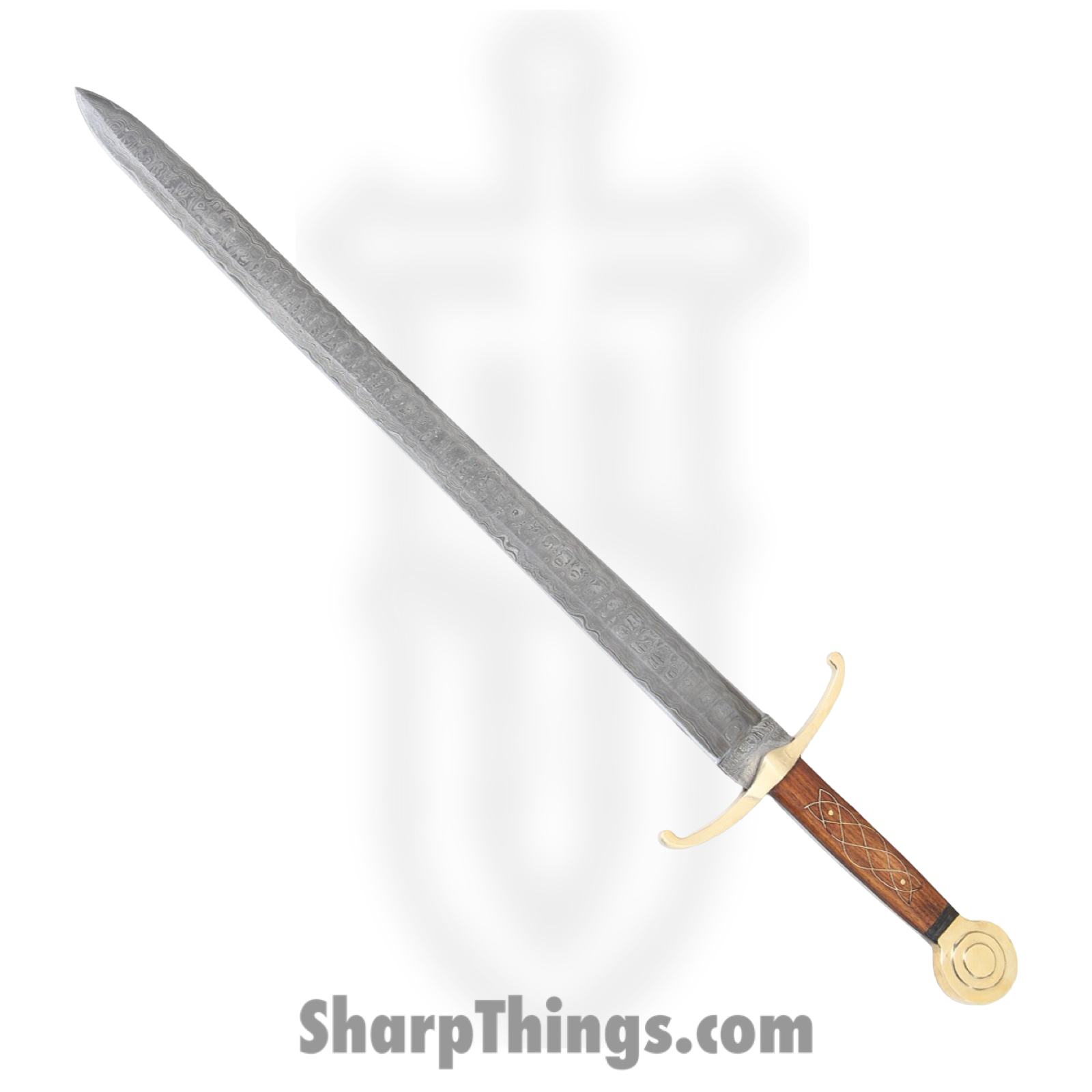 Damascus - DM5018 - 32 inch Double Edge Sword - Fixed Blade Knife - Damascus Dagger - Wood Brass Inlay - Brown Brass