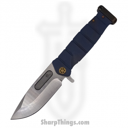 Medford Knife – MK204MTQ-37A2-T1C1-P1 – USMC Fighter Flipper Knife – Magnacut Tumbled – Blue with Bronze Hardware