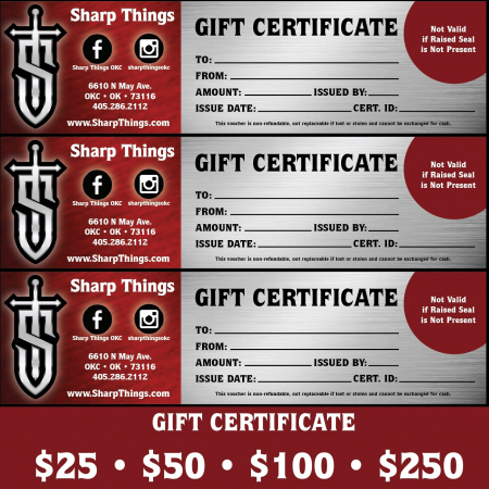 Protected: Sharp Things – Gift Certificate – $25 Increments up to $250 – CALL FOR DETAILS