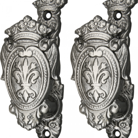 Miscellaneous – CN203306 – Fleur de lis Shield Cast Metal Gun and Sword Holder – Antique Nickel Silver Finish