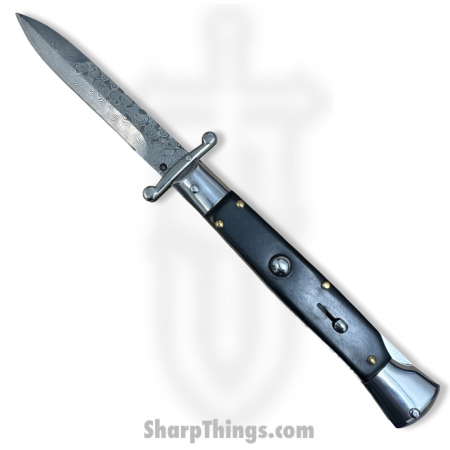 Steel River Knives – SBSGPMDBH – Premium 9in Stiletto – Swinguard Lockback Auto – 440 Damascus Clip Point – Black Horn
