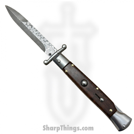 Steel River Knives – SBSGPMDSW – Premium 9in Stiletto – Swinguard Lockback Auto – 440 Damascus Clip Point – Snakewood