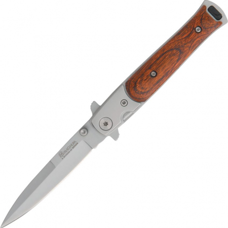 Boker – BOM01YA101 – Stiletto – Folding Knife – 440 SS Satin Spear Point – Wood Stainless – Brown Gray