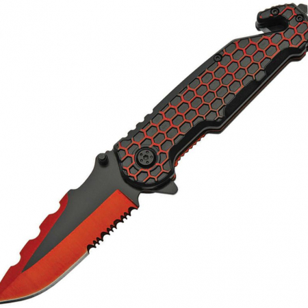 Rite Edge – CN300485 – Honeycomb Linerlock Partially Serrated Folding Knife – Aluminum Stainless – Red and Black