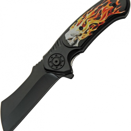 Rite Edge – CN300554FS – Flaming Skull Linerlock – Stainless ABS – Black with Red and Orange Flames