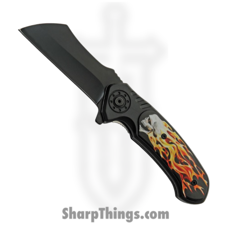 Rite Edge – CN300554FS – Flaming Skull – Folding Knife – Stainless Coated Cleaver – ABS – Black/Orange/Red