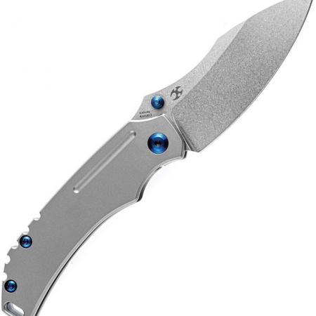 Kansept Knives – K1018L3 – Pelican EDC Framelock Stonewash Drop Point Left Hand Knife – CPM S35VN Titanium – Blue and Silver