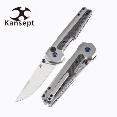 Kansept Knives – K2009A2 – EDC Tac Linerlock Front Flipper Twill – S35VN CF and Titanium – Black and Grey