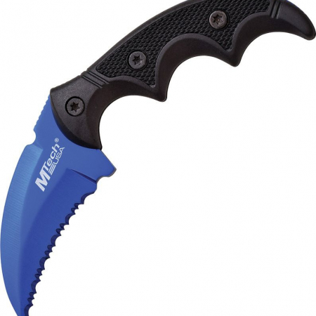 MTech – MT2063BL –  Fixed Blade Serrated Hawkbill Blade Knife – Stainless Aluminum G10 Inlay – Black and Blue