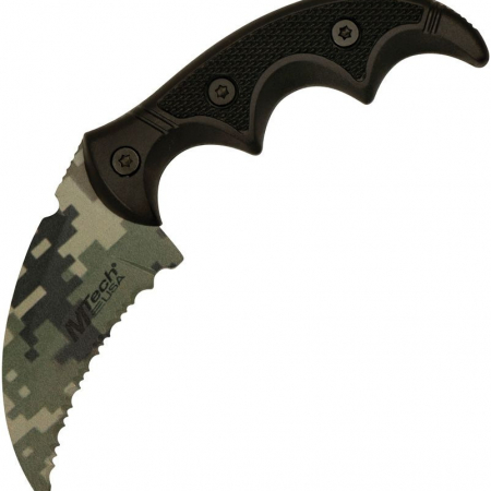 MTech – MT2063C – Fixed Blade Serrated Hawkbill Blade Knife – Stainless Aluminum – Camo and Black