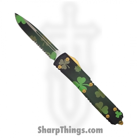 Microtech – 121-2SPDS – Ultratech Signature Series Partially Serrated Automatic OTF Knife – Gold and Green Lucky Clover