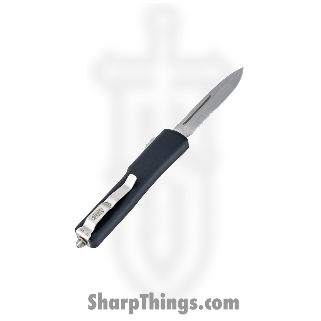 Microtech - 148-11 - UTX-70 - OTF Auto - Elmax, M390, 204P Stonewash Drop Point - 6061-T6 Aluminum - Black - Image 2