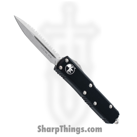 Microtech – 232-12 – UTX-85 Serrated – OTF Auto –  Stonewash Dagger – Aluminum – Black
