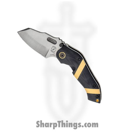 Sniper Bladeworks – SBWDMF – DMF – Folding Knife – Damascus Damascus Reverse Tanto – G10/Wood/Brass Inlay – Black/Gold