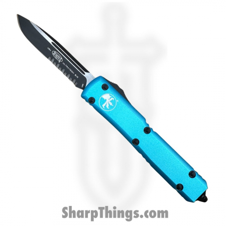 Microtech – 121-2TQ – Ultratech –  Coated – Part Serrated Drop Point – 6061 T6 – Turquoise