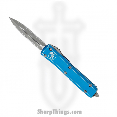 Microtech – 122-D12DBL – Ultratech –  Stonewash Double Edge – Double Full Serrated – 6061 T6 – Distressed Blue
