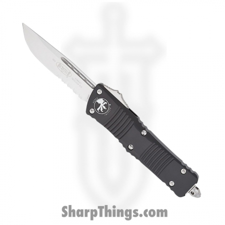 Microtech – 143-11 – Combat Troodon  – OTF Auto –  Stonewash Drop Point Partially Serrated – 6061-T6  – Black